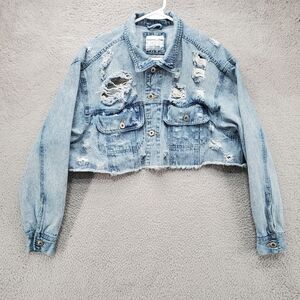 Highway Jeans Cropped Jean Jacket Womens Large Distressed Denim Light Wash